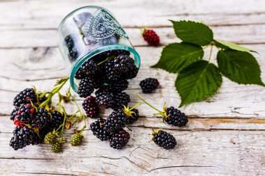 Ahşap bir arka plan üzerinde bir kase içinde taze olgun böğürtlen aldı. 