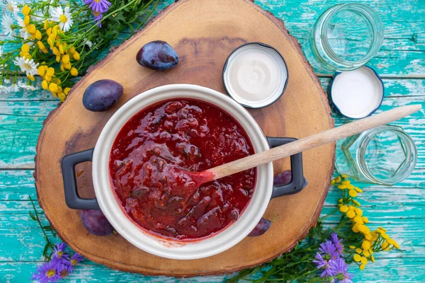 Homemade Plum Jam Pot — Stock Photo, Image