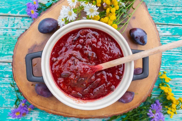 Homemade Plum Jam Pot — Stock Photo, Image