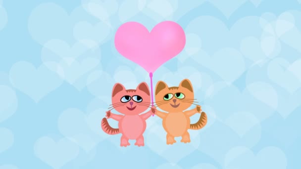 Katzenjunge Und Katzenmädchen Fliegen Einem Herzförmigen Ballon — Stockvideo