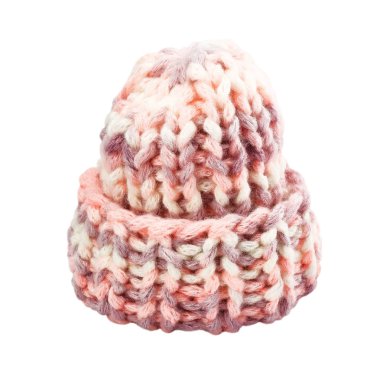 Beyaz arka plan üzerinde izole sıcak kış beyaz örme yün şapka.