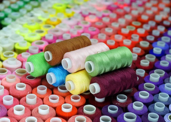 Multicolor Sewing Threads Wooden Background — Stock Photo, Image