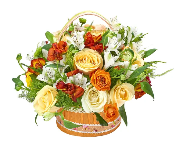 Bouquet basket of roses mix decorative on a white background — Stock Photo, Image
