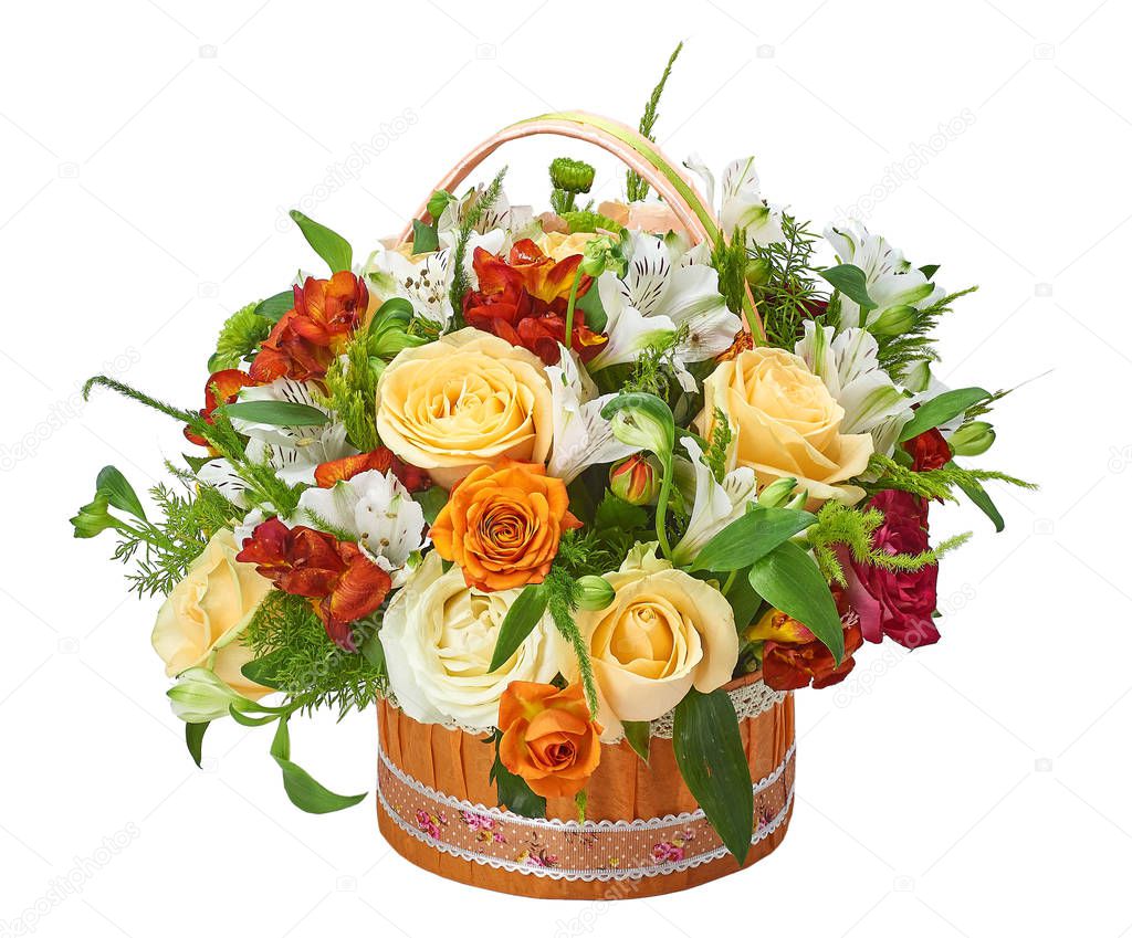 bouquet basket of roses mix decorative on a white background