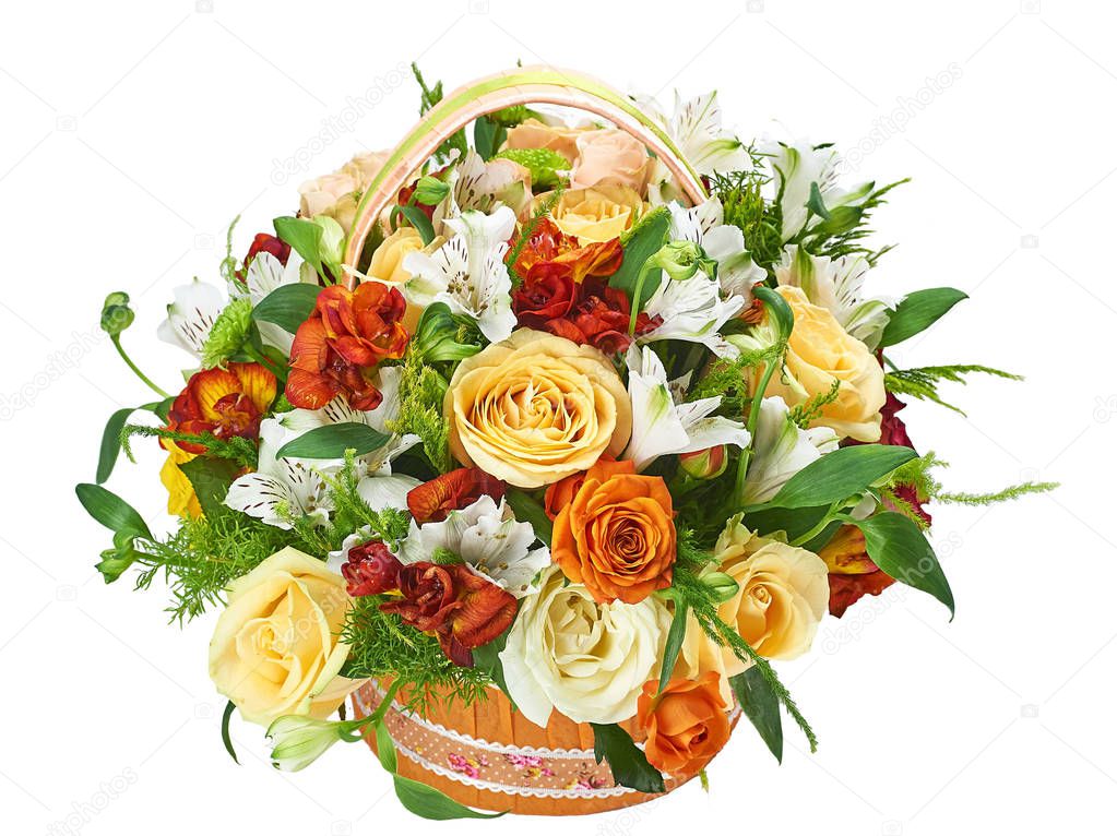 bouquet basket of roses mix decorative on a white background