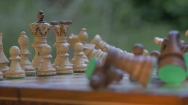 Ağır çekimde Kızgın satranç tahtasına vuruyor. Satranç taşları havada uçuşuyor. Yan görünüm