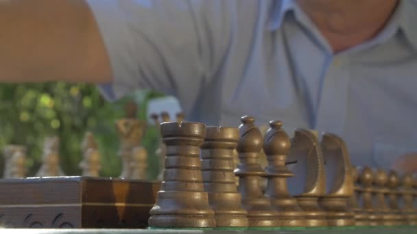 Vecchio Uomo Dai Capelli Grigi Prepara Partita Scacchi Fuori Giardino — Video Stock