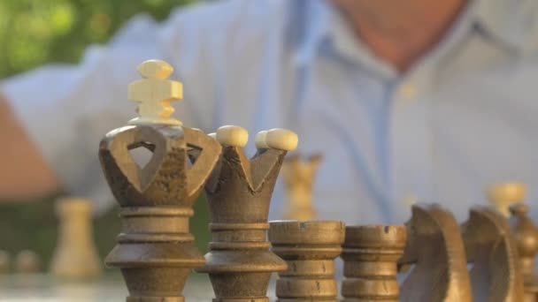 Γέρος Ετοιμάζει Παιχνίδι Σκακιού Έξω Στον Κήπο Στο Τραπέζι Και — Αρχείο Βίντεο