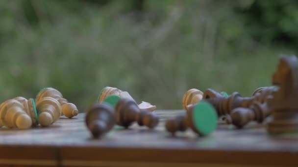 Die Zeitlupe Schlägt Wütend Auf Das Schachbrett Schachfiguren Fliegen Durch — Stockvideo