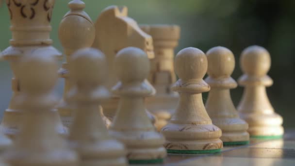 Un échiquier complet. Gros plan des figurines sur l'échiquier extérieur 