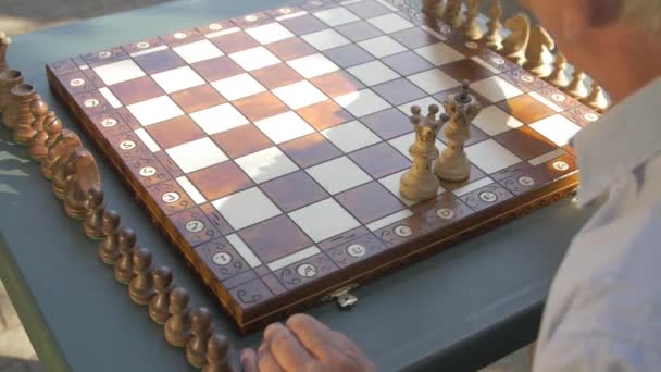 Old Gray Haired Man Prepares Chess Game Garden Table Puts — Stock Video