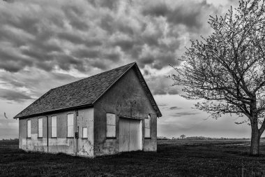 Ağaç ve siyah-beyaz bulutlarda ile eski ahır