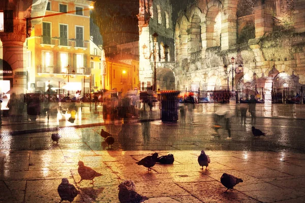 Dupla Expozíció Éjszakai Forgalom Régi Város Verona Olaszország — Stock Fotó