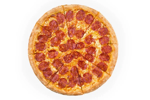 Ganze Gebackene Pizza Isoliert Auf Weißem Hintergrund Ansicht Von Oben — Stockfoto