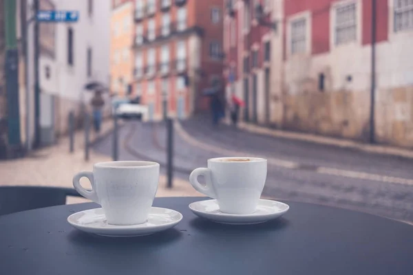 Morning Coffee Terrace Cafe Cup Espresso Table Sun Light Breakfast — Stock Photo, Image