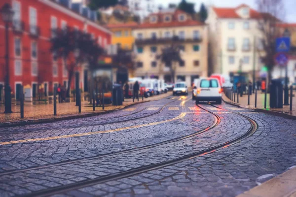 Illuminated Street Old European Town Night Tilt Shift Effect — Stock Photo, Image