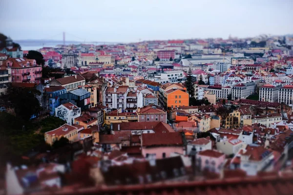 Bovenaanzicht Van Lissabon Centrum Rode Dak Gebouwen Artistieke Miniature Tilt — Stockfoto