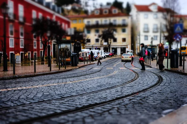 Miniature Tilt Shift Lens Effect Old European City Architecture Lisbon — Stock Photo, Image
