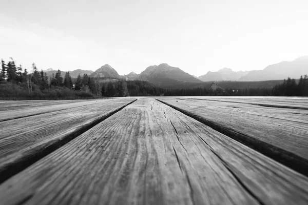 Las Góry Alpejskie Jezioro Podłoże Drewniane Deska — Zdjęcie stockowe