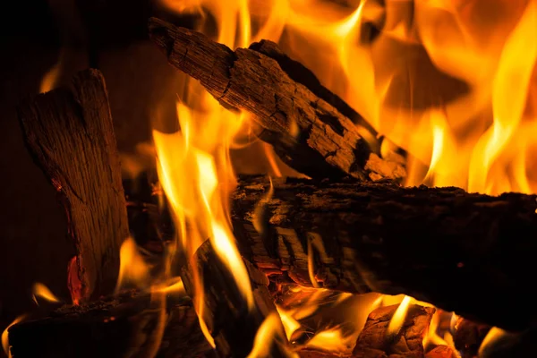 Feu Dans Cheminée Vue Rapprochée Des Flammes Feu — Photo