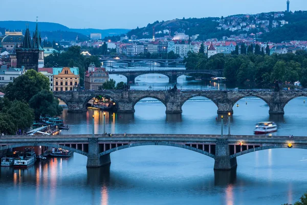 Vue Sur Rivière Vltava Les Ponts Nuit Prague République Tchèque — Photo