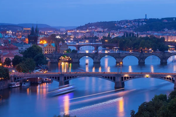 Vue Sur Rivière Vltava Les Ponts Nuit Prague République Tchèque — Photo