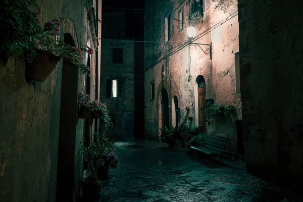 Old European Narrow Empty Street Medieval Town Evening Pienza Italy — Stock Photo, Image