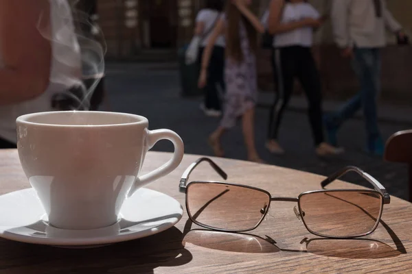 Coffee Cup Wood Table Cafe Interior — Stock Photo, Image