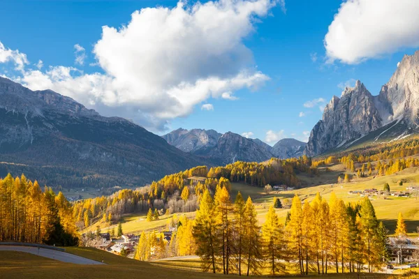 Magnífica Vista Soleada Los Alpes Dolomitas Con Alerces Amarillos Colorido — Foto de Stock