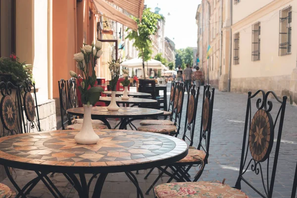 Old Fashioned Cafe Terrace Small European Street — Stock Photo, Image