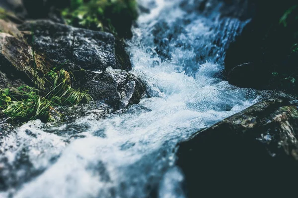 Kayalar Yosun Küçük Şelale Yaz Ormandaki Nehir Tilt Shift Etkisi — Stok fotoğraf