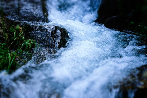 Kayalar Yosun Küçük Şelale Yaz Ormandaki Nehir Tilt Shift Etkisi — Stok fotoğraf