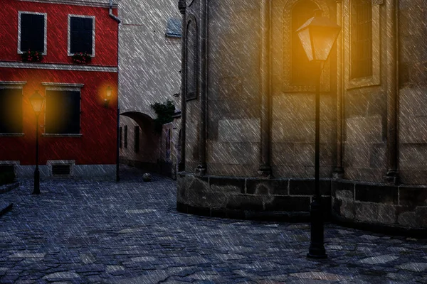 Old European City Rainy Dark Night — Stock Photo, Image