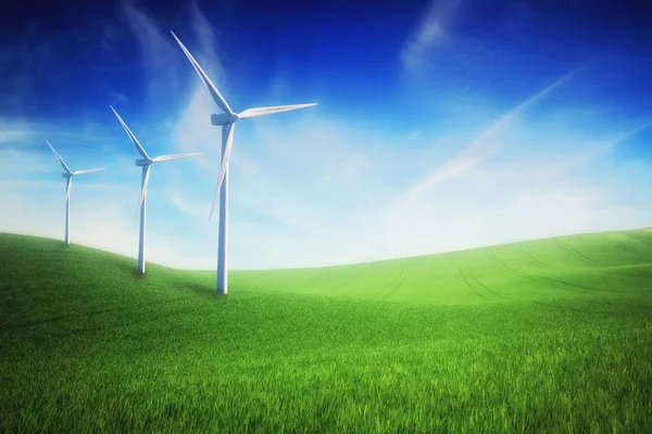 Эко Зеленая Электростанция Ветряные Турбины Весенне Зеленом Травяном Поле — стоковое фото