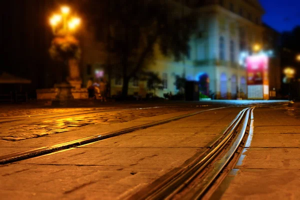 Osvětlené Ulice Starého Evropského Města Noci Efekt Tilt Shift — Stock fotografie