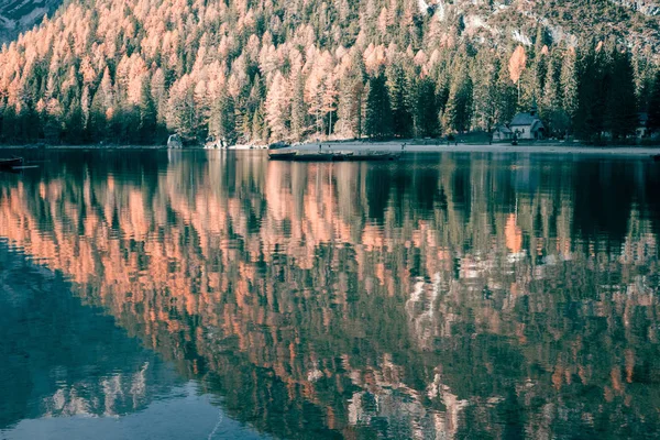 阿尔卑斯山湖在秋天早晨 意大利白云岩阿尔卑斯湖底 Braies — 图库照片