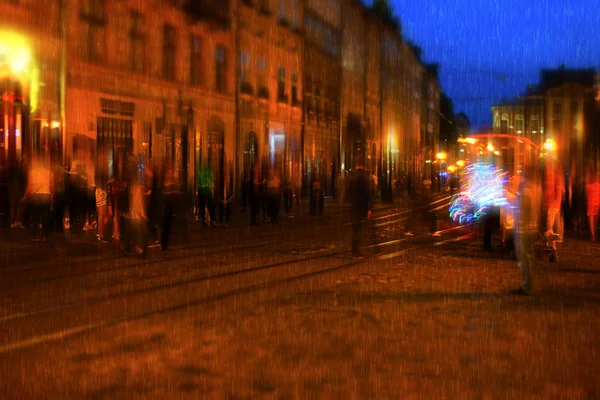 Old European Illuminated City Rainy Night People Walking Night Street — Stock Photo, Image
