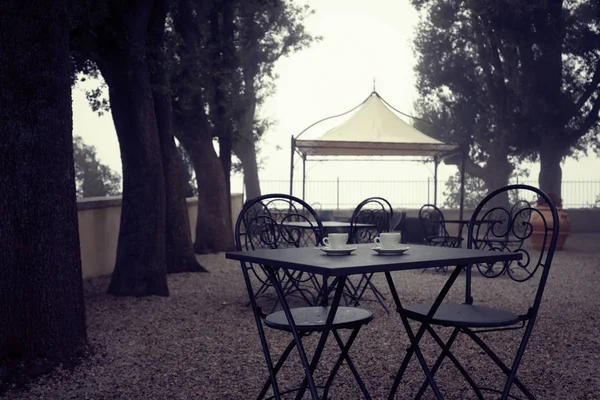 Tazze Caffè Con Fumo Tavola Giardino Terrazza All Aperto Caffè — Foto Stock