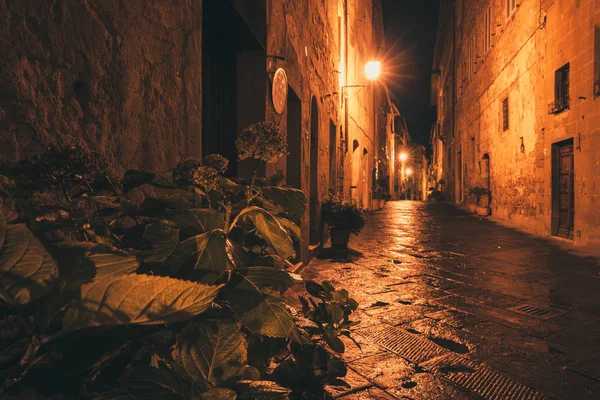 Antigua Calle Iluminada Europea Noche Lluviosa Pienza Toscana Italia —  Fotos de Stock