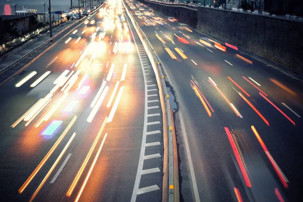 Light Car Trails Modern City Street Night — Stock Photo, Image