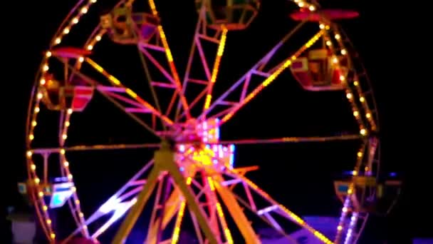 Big Ferris Wheel Neon Lights Dark Night Sky Background Carnival — Stock Video