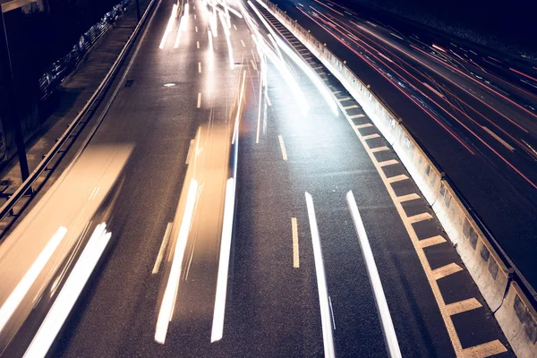 Night Car Traffic Motion Blur Car Viewed Road Bridge Big — Stock Photo, Image