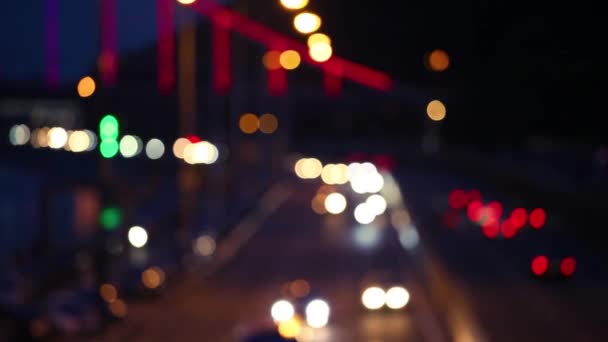 Semáforos Calle Nocturna Video Bokeh Luces Borrosas Del Coche Carretera — Vídeos de Stock