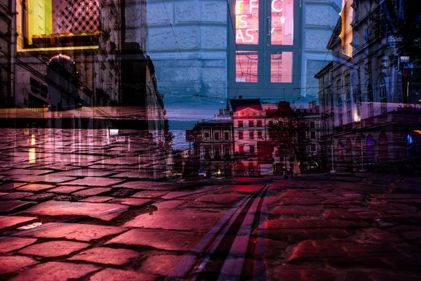 Osvětlené Staré Město Noční Život Abstraktní Pozadí Dvojitá Expozice Obrazu — Stock fotografie