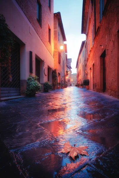 旧欧洲城市皮恩扎街在雨夜 托斯卡纳 意大利 — 图库照片