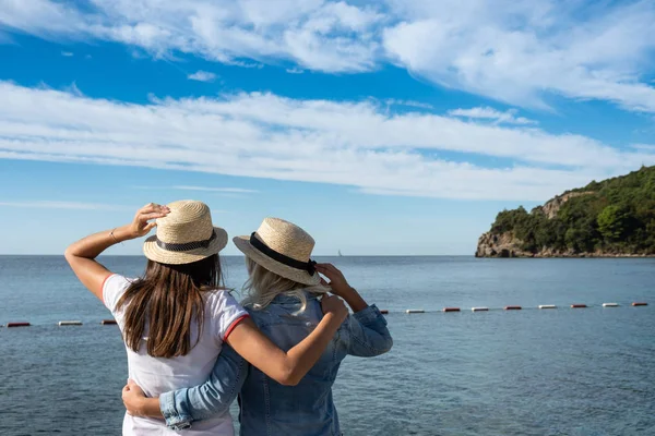 Rückansicht Von Zwei Touristen Die Sommerurlaub Strand Horizont Über Dem lizenzfreie Stockbilder