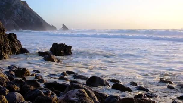 Stormy Waves Rocky Cliff Atlantic Ocean Coastline Adraga Beach Portugal — Stock Video