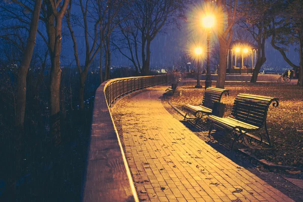 Parc nocturne. Bancs en bois, lampadaires et allée du parc — Photo