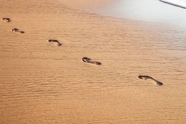 Plaj, dalga ve ayak izleri tropikal sahilde gün batımında — Stok fotoğraf