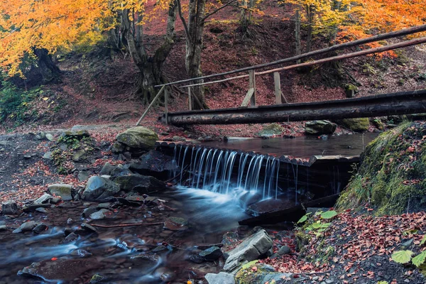 Belle passerelle en bois dans la forêt profonde au-dessus d'un ruisseau d'eau turquoise à Plitvice, Croatie, patrimoine mondial de l'UNESCO — Photo